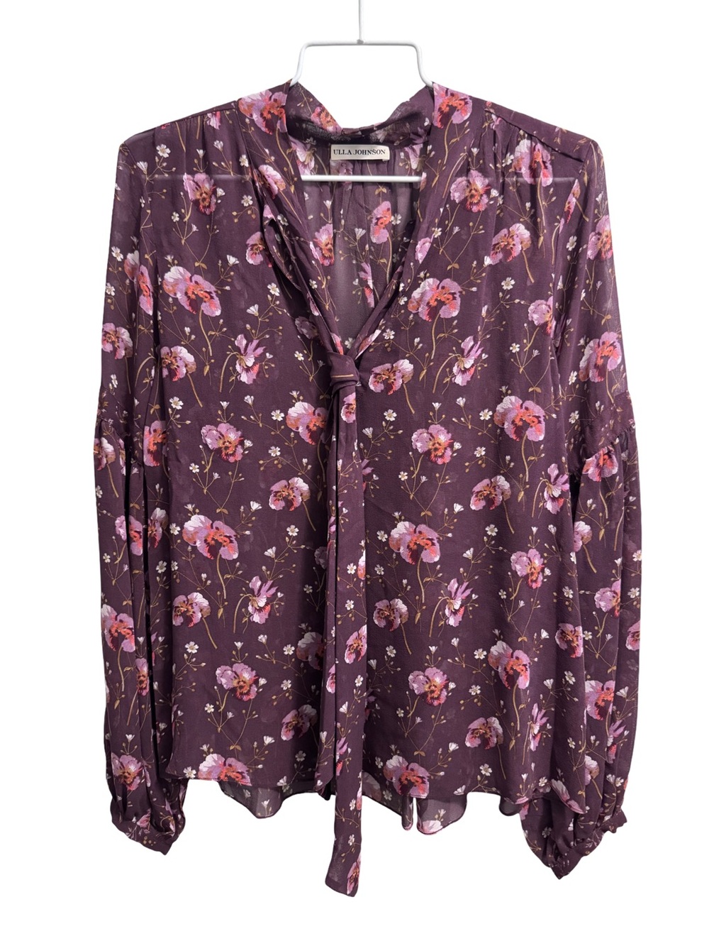 Ulla Johnson Mimi Floral Blouse Burgundy Plum 100% Silk Size 2